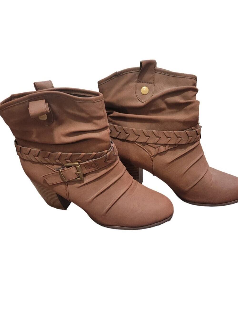 JustFab Brown Slouch Ankle Boots Buckle Block Heel Women's Size 10